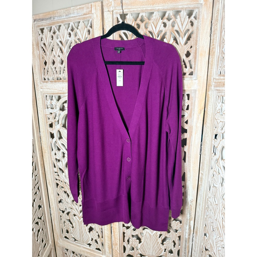 Talbots Plus Eggplant Purple Longline V-Neck Button Front Cardigan Sweater 2X NW